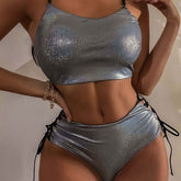 Metallic Lace Up Bralette Crop Brazilian Two Piece Bikini Swimsuit